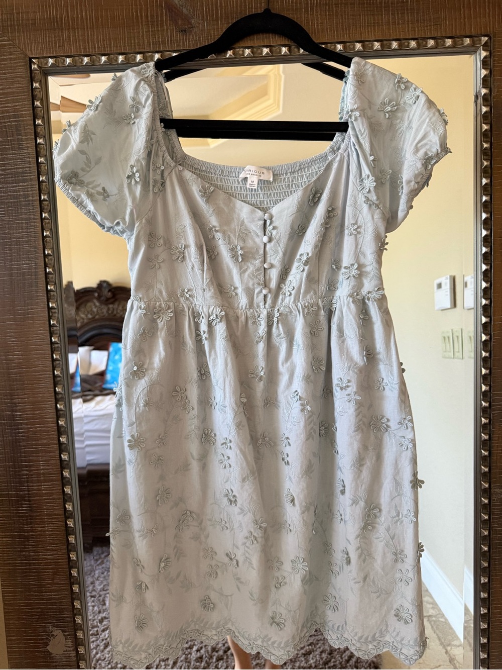 Light Blue Embroidered Midi Dress with Puff Sleeves
